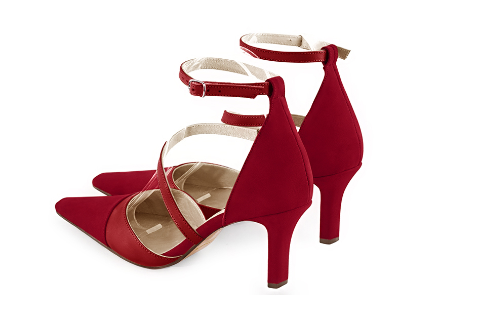 Cardinal red women's open side shoes, with snake-shaped straps. Tapered toe. High slim heel. Rear view - Florence KOOIJMAN